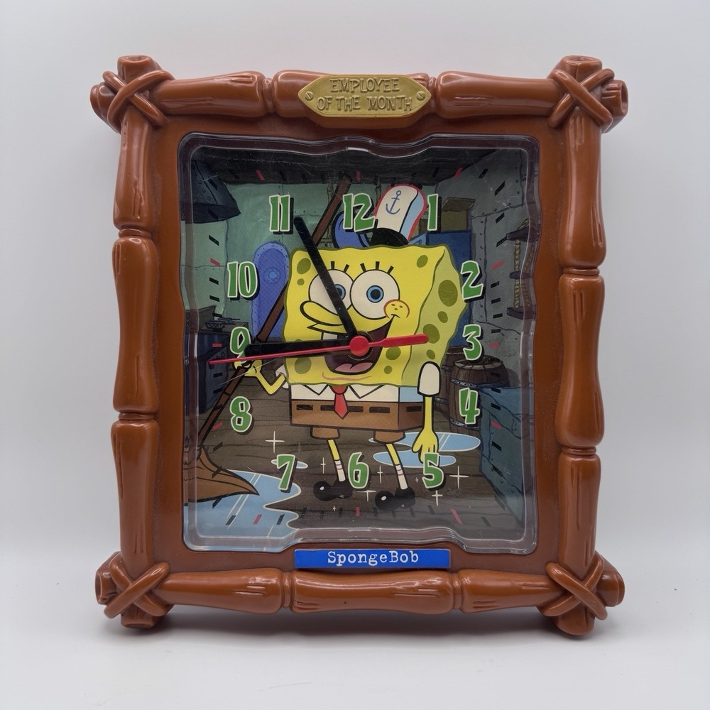 SpongeBob Wall Clock Employee Of The Month TESTED Working 8.25" x 7.75" Plastic